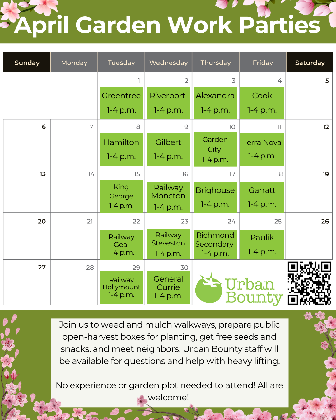 urban bounty april garden work parties calendar